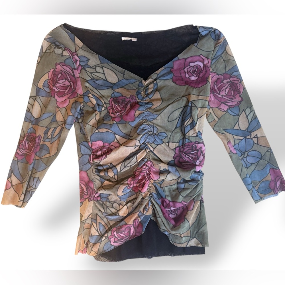 Vintage‎ Y2K Sheer Dainty Fairy Grunge Scrunched  Romantic Ladies Top Large